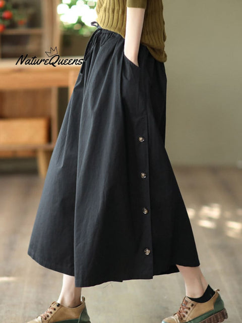 Women's Retro Elastic Waist Button Casual Cropped Wide Leg Pants