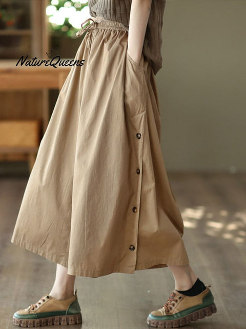 Women's Retro Elastic Waist Button Casual Cropped Wide Leg Pants