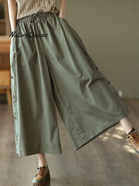 Women's Retro Elastic Waist Button Casual Cropped Wide Leg Pants