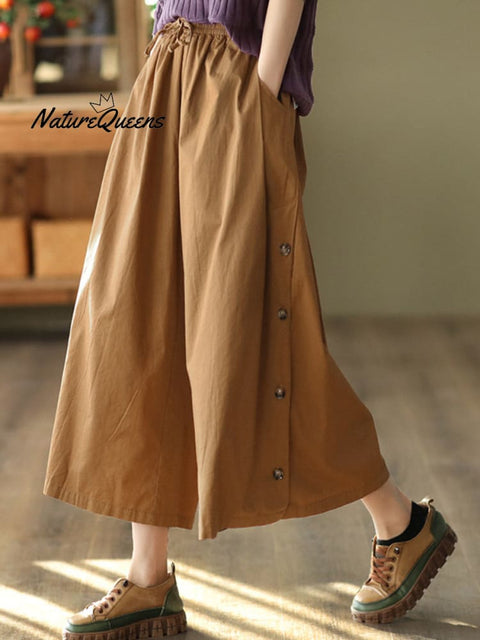 Women's Retro Elastic Waist Button Casual Cropped Wide Leg Pants