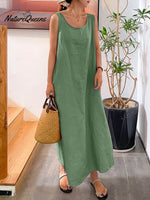 Women's Summer Round Neck Sleeveless Vest Casual Cotton and Linen Dress