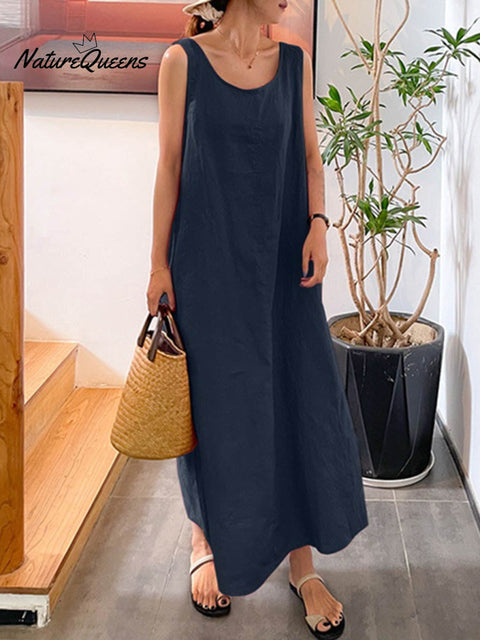 Women's Summer Round Neck Sleeveless Vest Casual Cotton and Linen Dress