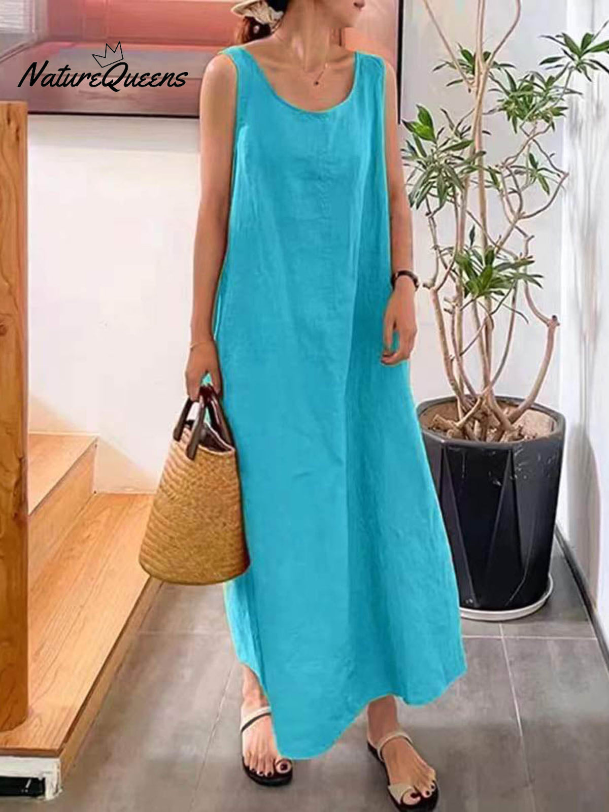 Women's Summer Round Neck Sleeveless Vest Casual Cotton and Linen Dress
