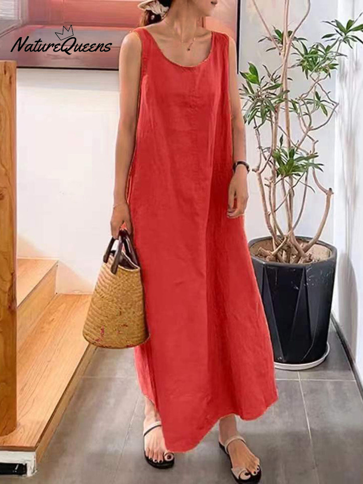 Women's Summer Round Neck Sleeveless Vest Casual Cotton and Linen Dress