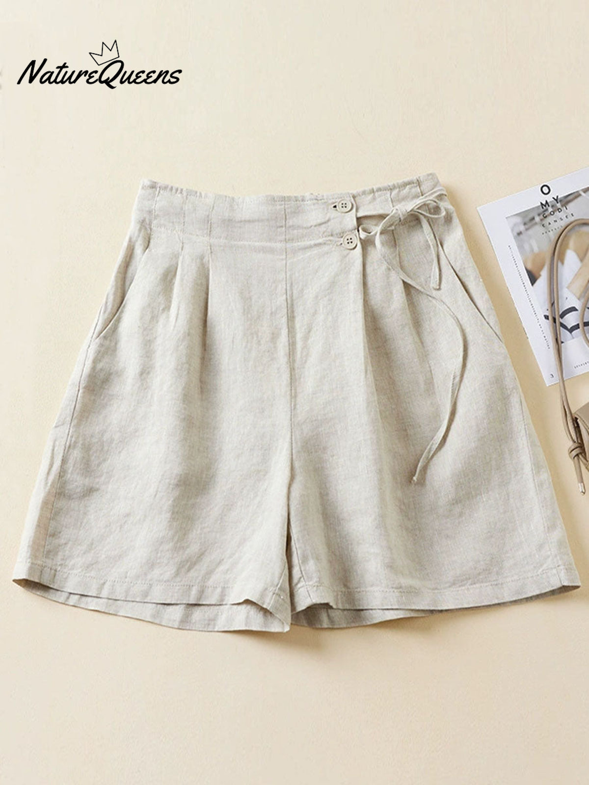 Women's Semi-elastic High Waist Solid Color Casual Cotton and Linen Wide Leg Shorts