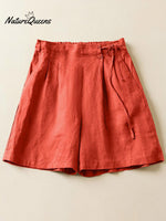 Women's Semi-elastic High Waist Solid Color Casual Cotton and Linen Wide Leg Shorts