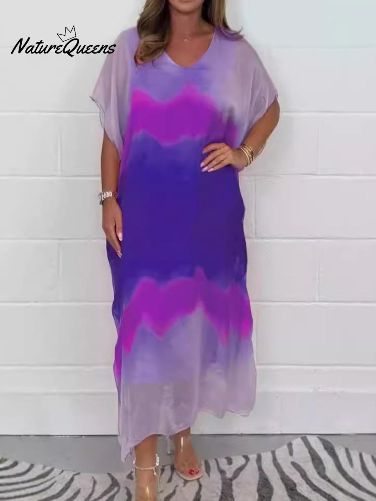 Women's V-neck Short-sleeved Gradient Smudge Print Loose Chiffon Dress