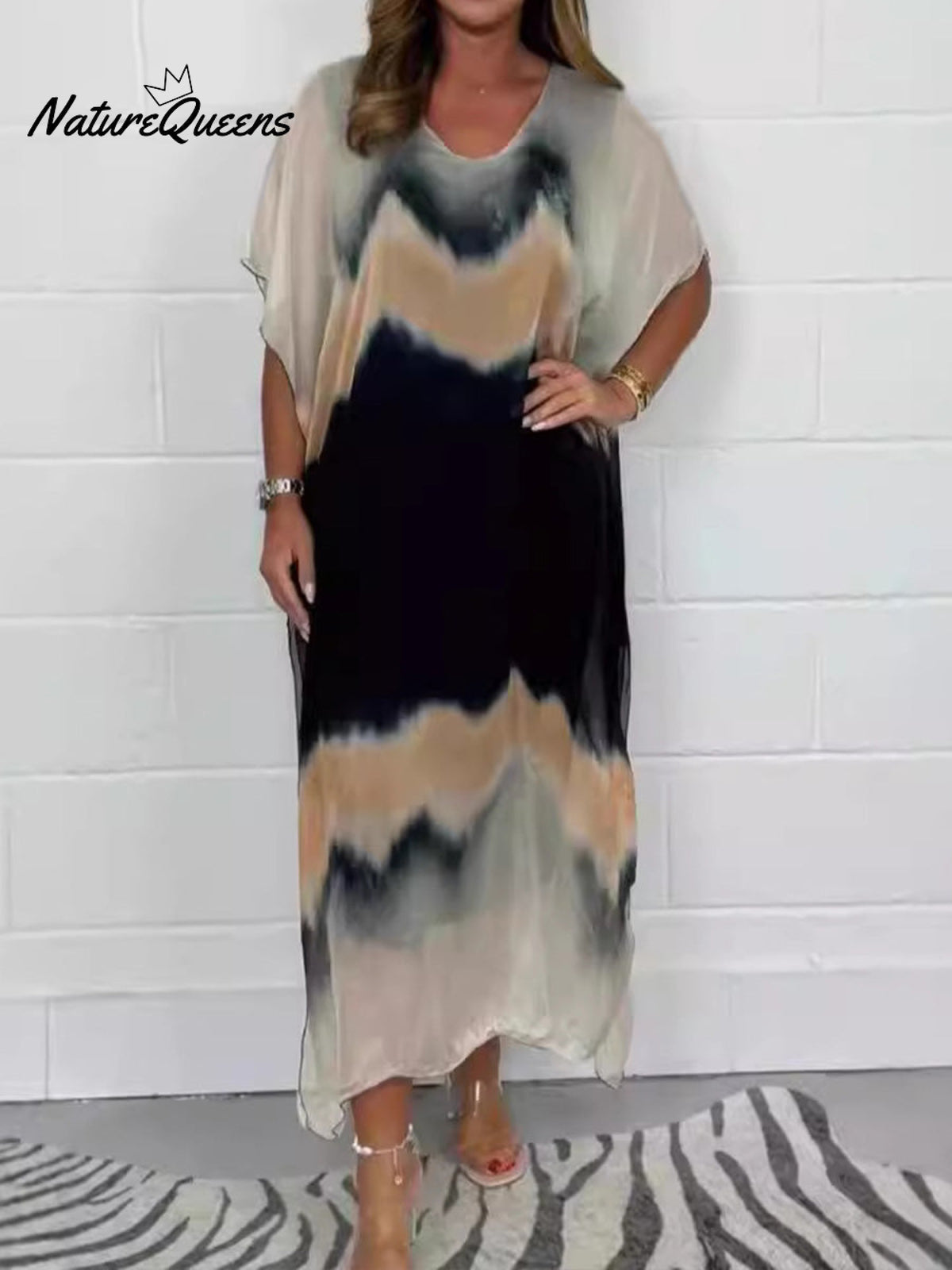 Women's V-neck Short-sleeved Gradient Smudge Print Loose Chiffon Dress