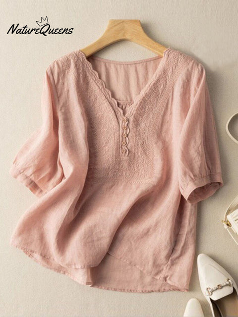 Women's Wave Embroidery V-Neck Solid Color Half Sleeve Cotton and Linen Top