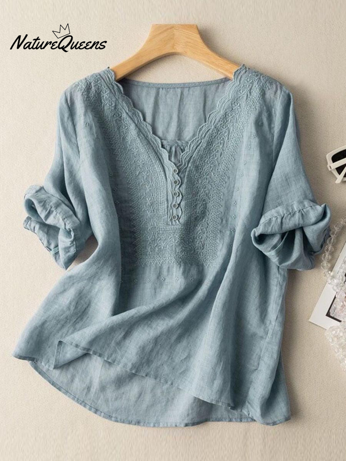 Women's Wave Embroidery V-Neck Solid Color Half Sleeve Cotton and Linen Top