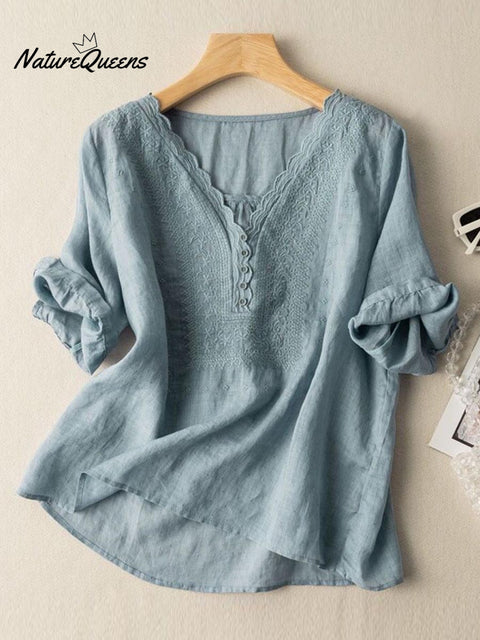 Women's Wave Embroidery V-Neck Solid Color Half Sleeve Cotton and Linen Top