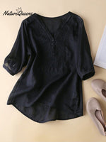 Women's Wave Embroidery V-Neck Solid Color Half Sleeve Cotton and Linen Top