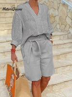 Women's Solid Color V-Neck 3/4 Sleeve Loose Tops High Waist Lace-up Casual Wide-leg Shorts Set