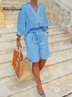 Women's Solid Color V-Neck 3/4 Sleeve Loose Tops High Waist Lace-up Casual Wide-leg Shorts Set