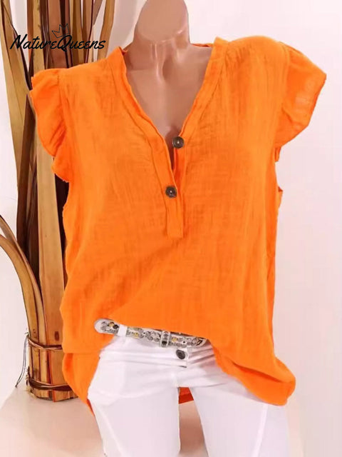 Women's  V-neck Sleeveless Ruffle Loose Casual Cotton Top