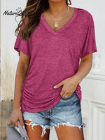 Women's Solid Color V-Neck Short Sleeve Casual Loose Cotton Top