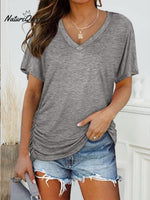 Women's Solid Color V-Neck Short Sleeve Casual Loose Cotton Top