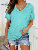 Women's Solid Color V-Neck Short Sleeve Casual Loose Cotton Top