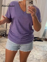 Women's Solid Color V-Neck Short Sleeve Casual Loose Cotton Top