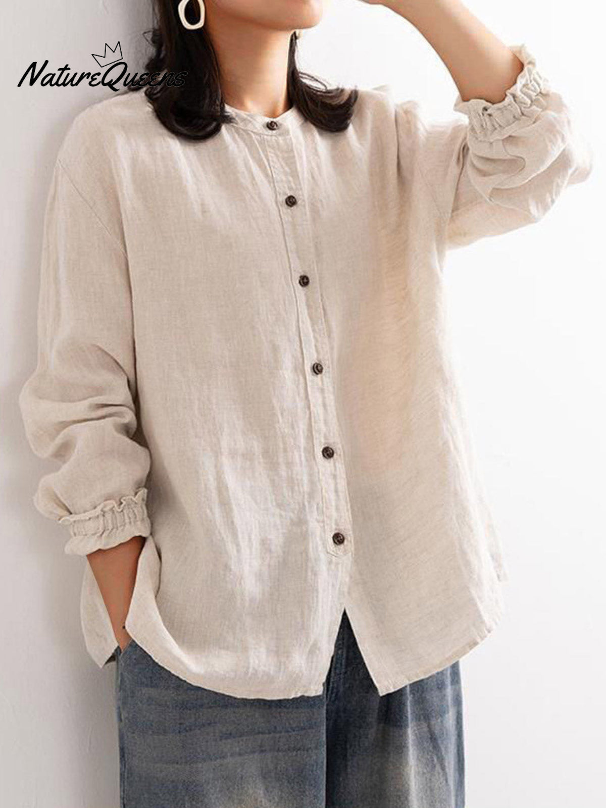 Women's Crew Neck Long Sleeve Loose Casual Linen Cardigan Top