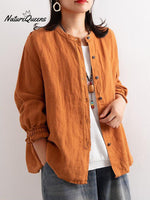 Women's Crew Neck Long Sleeve Loose Casual Linen Cardigan Top