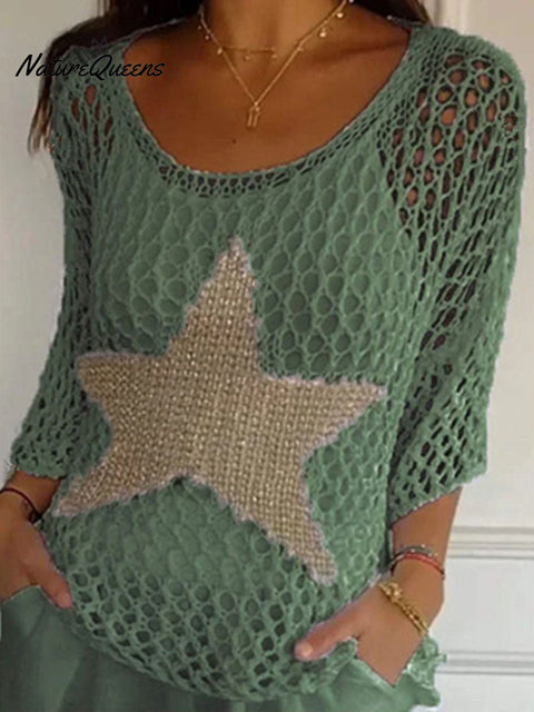 Women's Round Neck 3/4 Sleeves Five-Pointed Star Hollow Knitted Casual Top