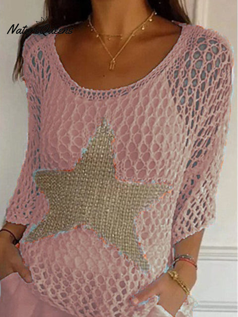Women's Round Neck 3/4 Sleeves Five-Pointed Star Hollow Knitted Casual Top