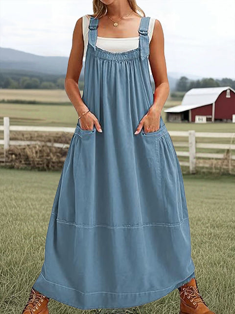 Women's Solid Color Sleeveless Strap Cotton Pocket Dress