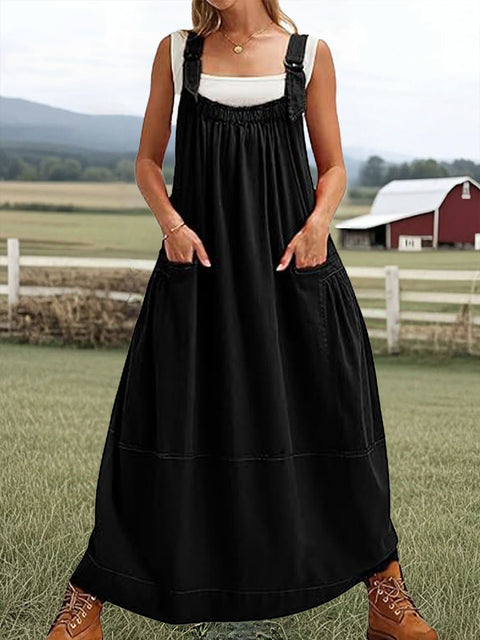Women's Solid Color Sleeveless Strap Cotton Pocket Dress
