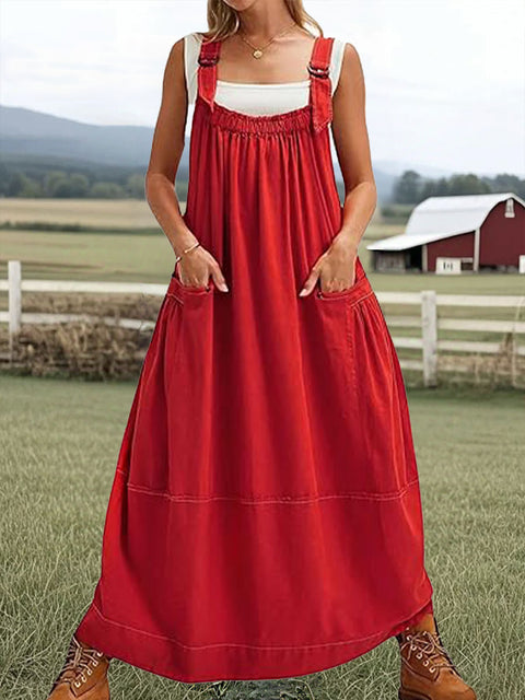 Women's Solid Color Sleeveless Strap Cotton Pocket Dress