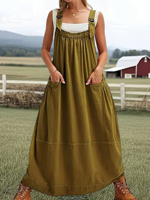 Women's Solid Color Sleeveless Strap Cotton Pocket Dress
