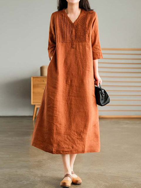 Women's V-neck 3/4 sleeves casual cotton and linen dress