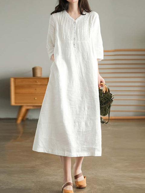 Women's V-neck 3/4 sleeves casual cotton and linen dress