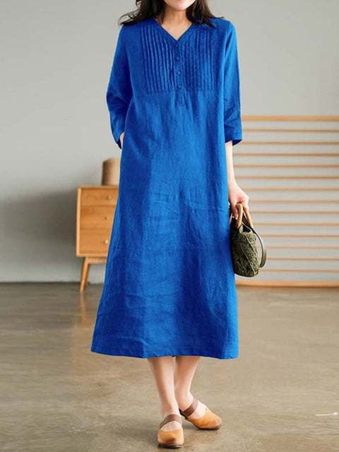 Women's V-neck 3/4 sleeves casual cotton and linen dress