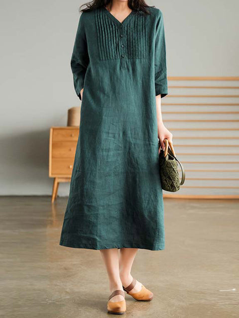 Women's V-neck 3/4 sleeves casual cotton and linen dress
