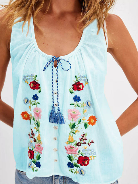 Women's Exquisite Embroidery Round Neck Lace-up Sleeveless Casual Cotton and Linen Vest Top
