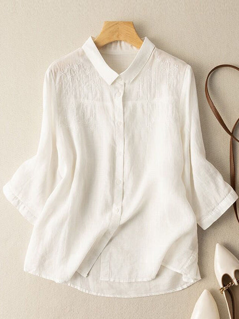 Women's  Exquisite Embroidery Lapel Three-quarter Sleeves Solid Color Casual Cotton and Linen Shirt