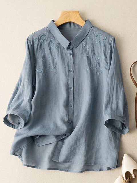 Women's  Exquisite Embroidery Lapel Three-quarter Sleeves Solid Color Casual Cotton and Linen Shirt