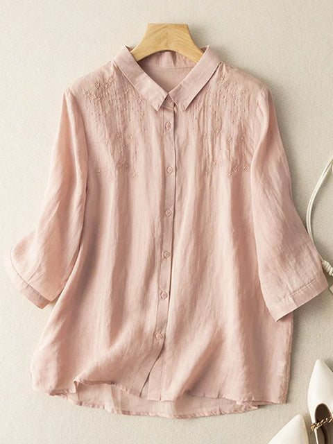 Women's  Exquisite Embroidery Lapel Three-quarter Sleeves Solid Color Casual Cotton and Linen Shirt