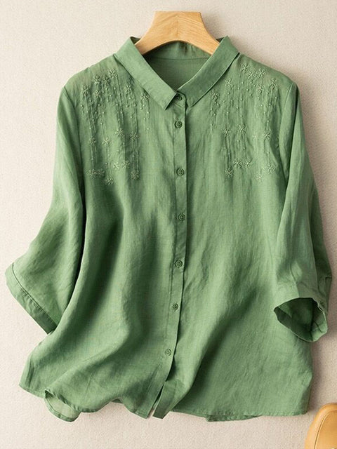 Women's  Exquisite Embroidery Lapel Three-quarter Sleeves Solid Color Casual Cotton and Linen Shirt
