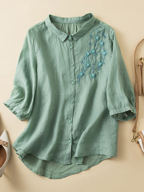 Women's  Lapel Solid Color Mid Sleeves Positioning Embroidery Casual Cotton and Linen Shirt