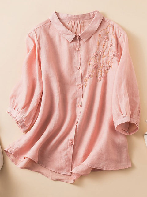 Women's  Lapel Solid Color Mid Sleeves Positioning Embroidery Casual Cotton and Linen Shirt