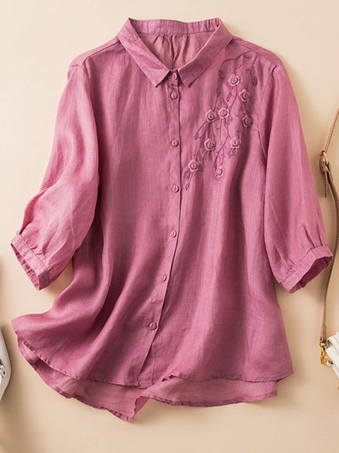 Women's  Lapel Solid Color Mid Sleeves Positioning Embroidery Casual Cotton and Linen Shirt