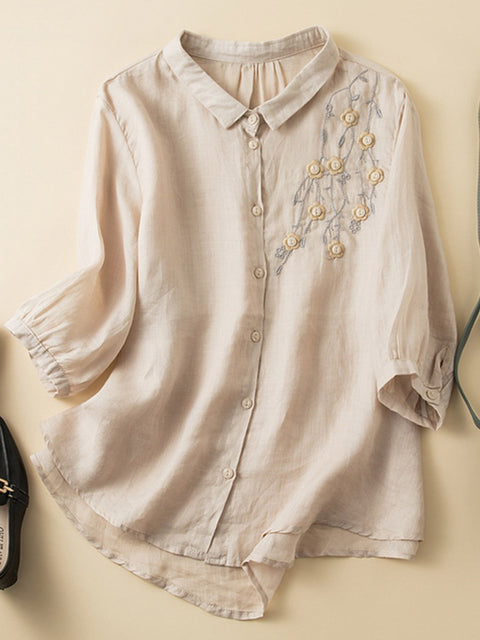 Women's  Lapel Solid Color Mid Sleeves Positioning Embroidery Casual Cotton and Linen Shirt