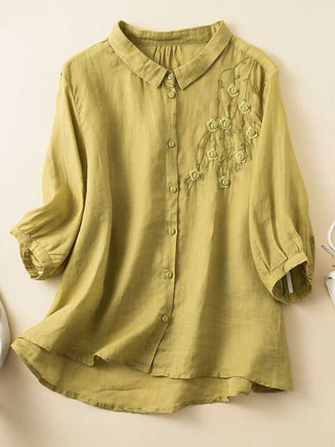 Women's  Lapel Solid Color Mid Sleeves Positioning Embroidery Casual Cotton and Linen Shirt