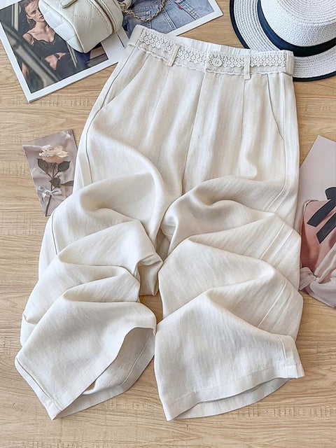 Women's Lace Stitching Waistband Solid Color Tencel Linen Casual Wide Leg Pants