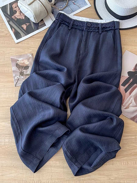 Women's Lace Stitching Waistband Solid Color Tencel Linen Casual Wide Leg Pants