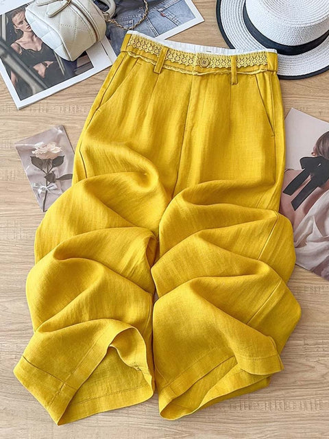 Women's Lace Stitching Waistband Solid Color Tencel Linen Casual Wide Leg Pants
