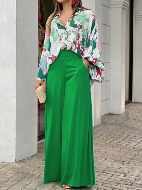 Women's Lapel Long Sleeves Contrast Print Casual Loose Shirt High Waist Solid Color Casual Wide Leg Pants Set