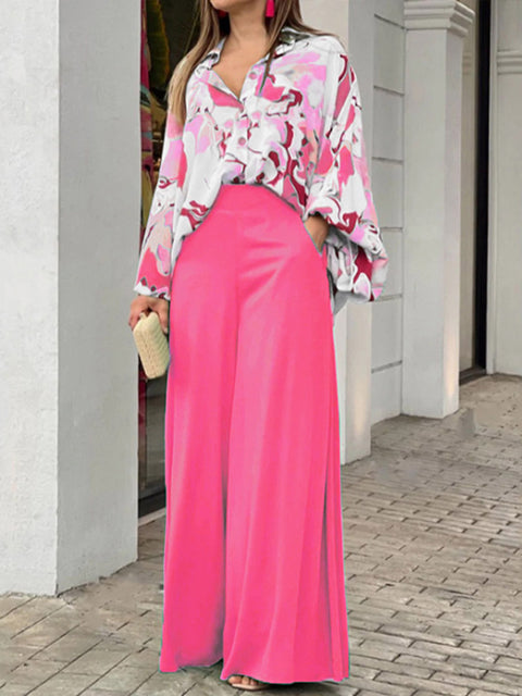 Women's Lapel Long Sleeves Contrast Print Casual Loose Shirt High Waist Solid Color Casual Wide Leg Pants Set